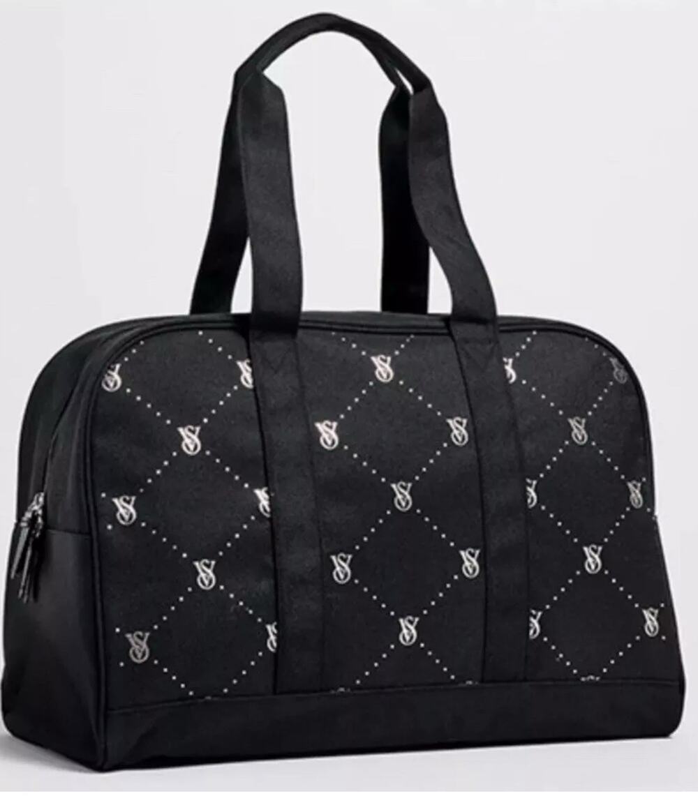 Victoria's Secret VS Logo Large Weekender Black Quilted Tote Zip Duffle Bag NWT